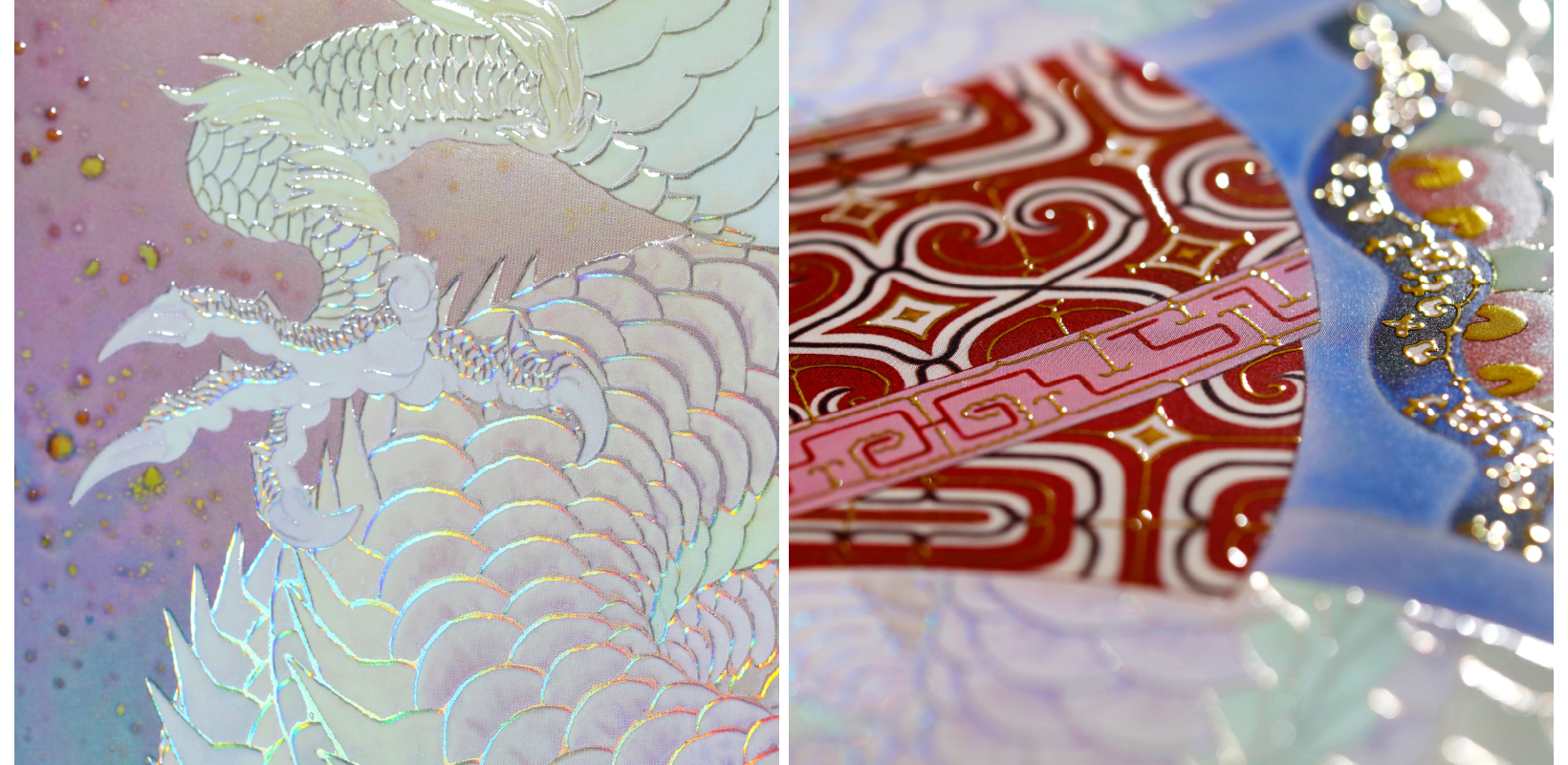Textured depth and holograms that shift with the light.